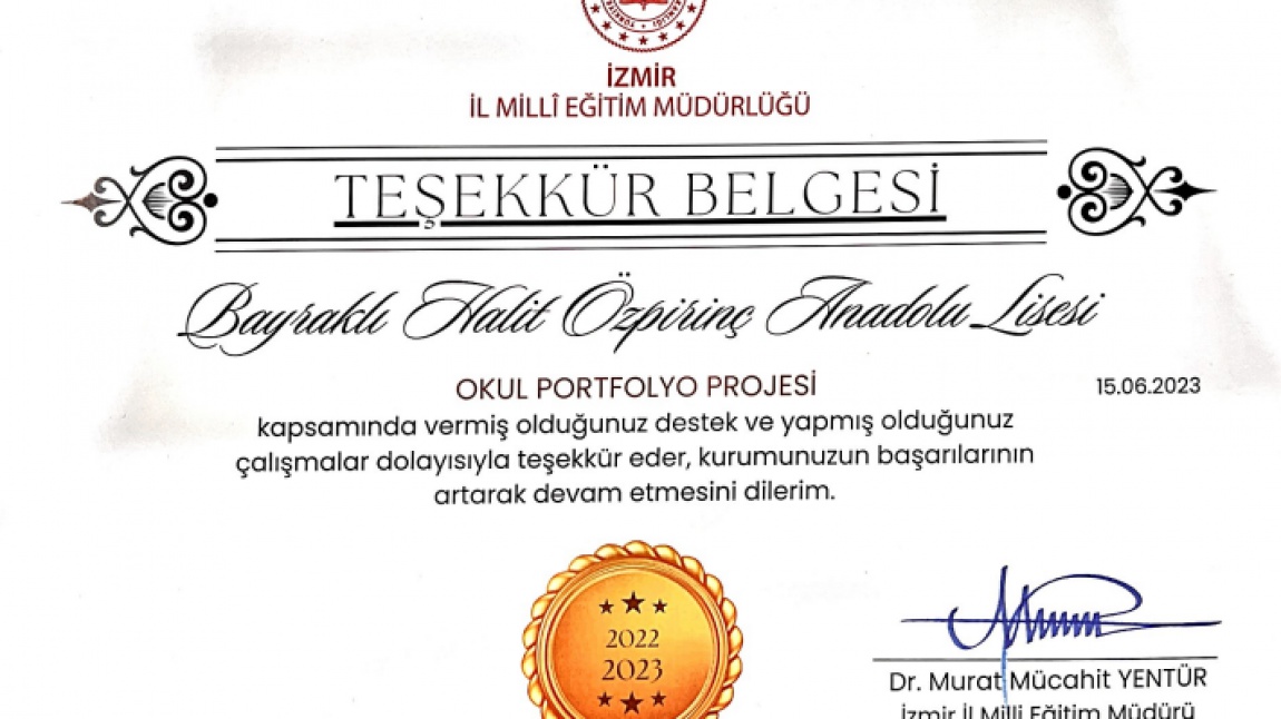 İzmir İl Milli Eğitim Müdürlüğü tarafından bir ödülle daha ödüllendirildik